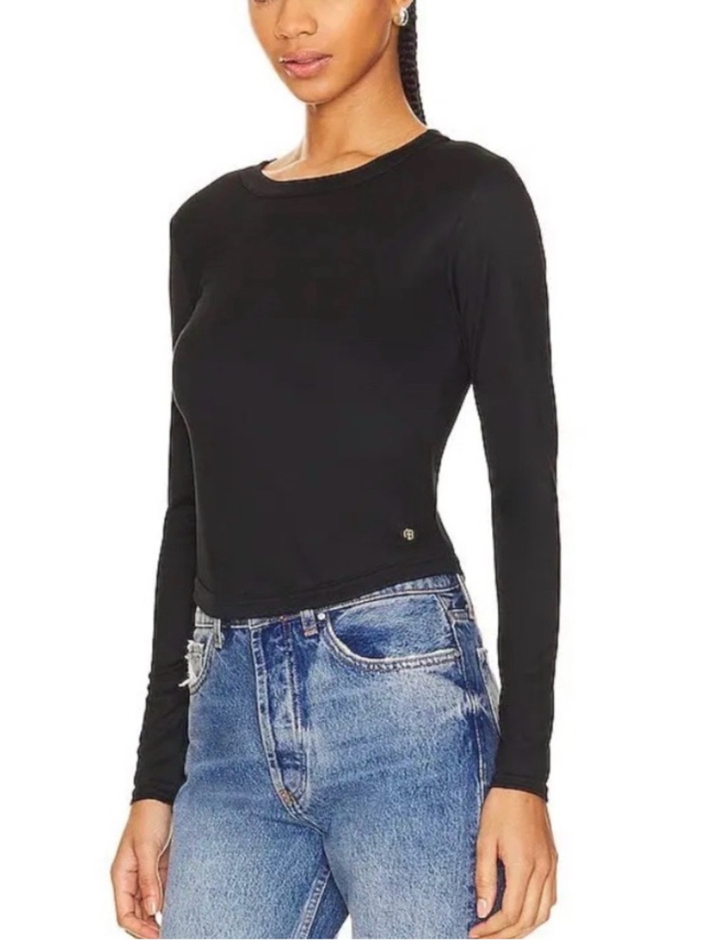Anine Bing Like New Jane Top Black Ribbed Long-Sleeve Crew Top Medium